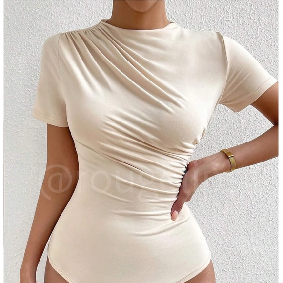 Rouge! Tops - Ruched Beige Asymmetrical Short Sleeve Bodysuit
